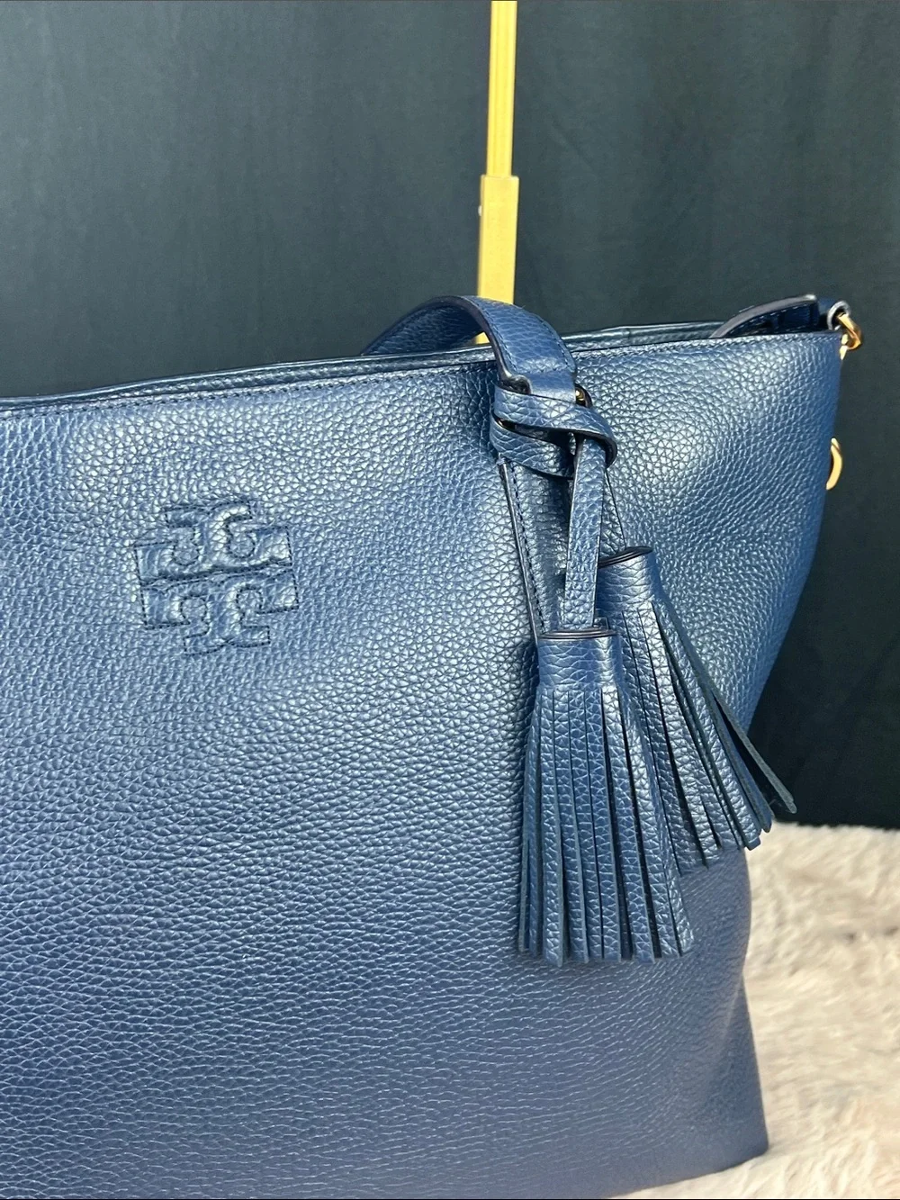 Tory Burch Blake Leather Tote Navy Blue Large Crossbody Tassel w/ COA